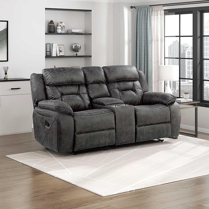 Homelegance Reclining Loveseat Polished Microfiber Manual Double Recliner Loveseat with Center Console Gray