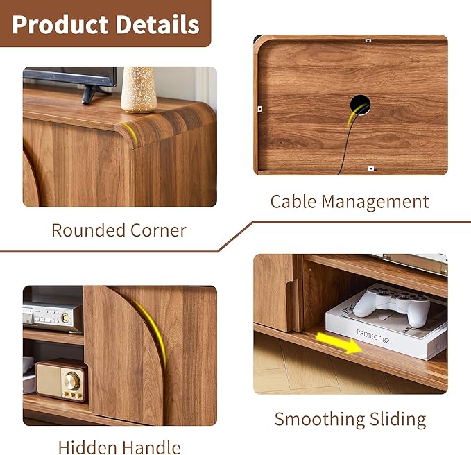 BERRYMERRY 63'' TV Stand for Up to 75 TVsMCM TV Console Table with Big Arched HandleTelevision Stands Entertainment Media Center with Sliding Door for Living Room Bedroom (Walnut)