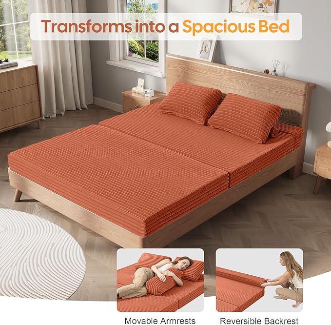 MeMoreCool Convertible Sofa Bed Folding Floor Couch Bed Queen Pull Out Sleeper Couch with Pillows Fold Out Futon Sofa for Bedroom Living Room Small Space Corduroy Orange