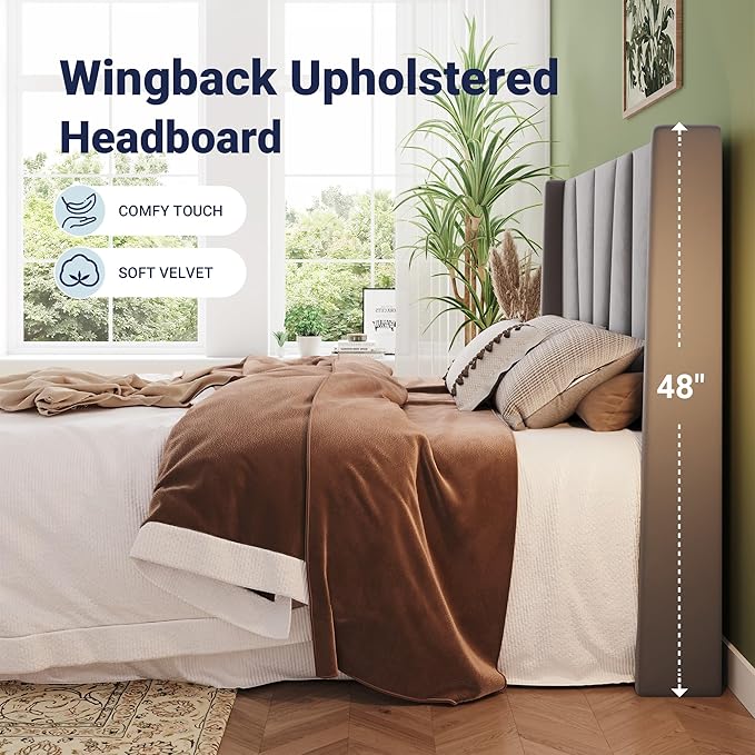 Allewie Queen Size Platform Velvet Bed Frame with Geometric Wingback Headboard Boho Upholstered Bed with Wooden Slats Support No Box Spring Needed Easy Assembly Light Grey