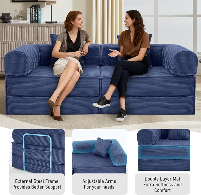 78 Convertible Sleeper Sofa Bed Modular Corduroy Couch with 2 Pillows Compressed Floor Sofa for Living Room Bedroom (Blue)