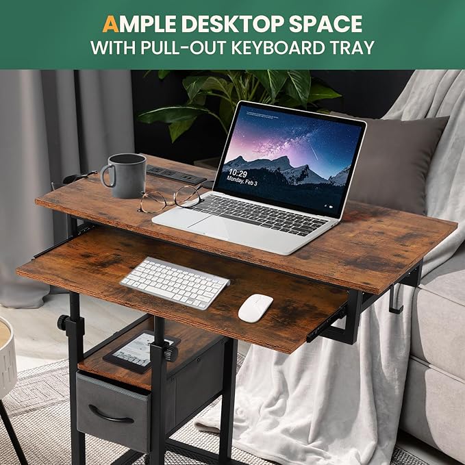 FAHKNS Adjustable C Table with Charging Station Tiltable Desk C Shaped End Table for Couch Over Bed Table with Wheels Adjustable Height Hospital Laptop Stand Drawing Desk