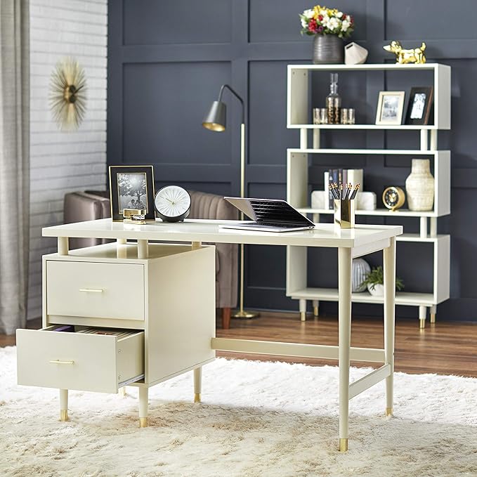 Margo 50 Wide Mid-Century Modern Wood Desk with Drawers Stylish Elevated Top Design Solid Pine Wood Tapered Legs Computer Desk for Home Office &amp Study Antique White