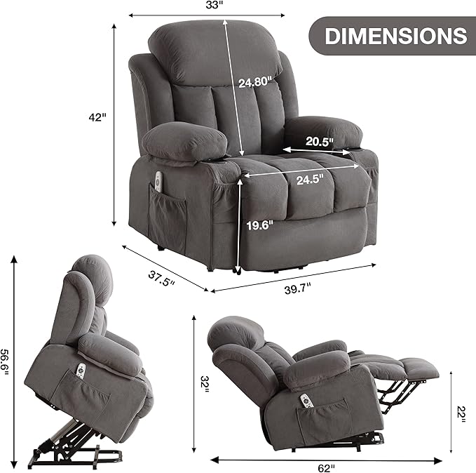BOSMILLER Power Lift Recliner Chair for Elderly with Vibration Massage and Lumbar Heating Electric Oversized Single Sofa with Cup Holder and USB Charge Port for Living Room