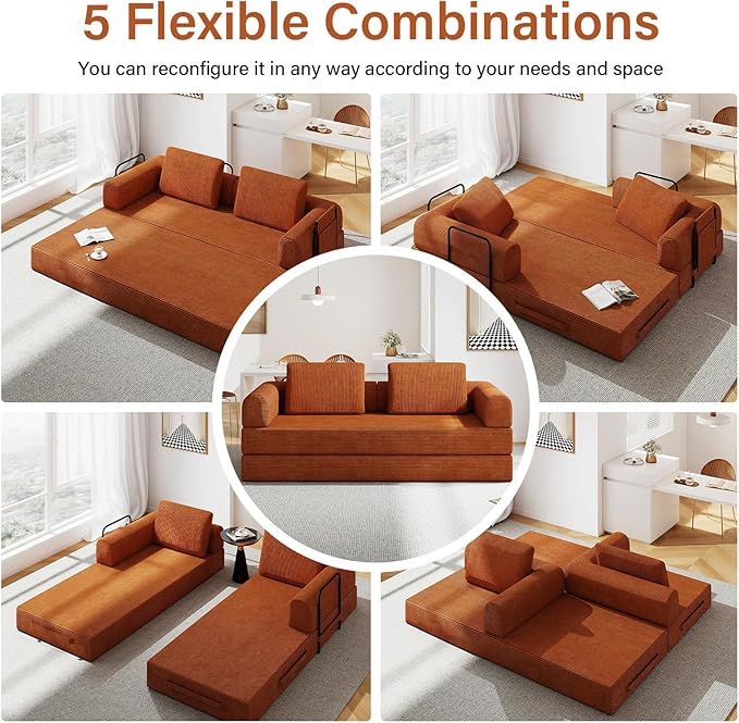 78'' Sleeper Couch Bed for Living Room Convertible Modular Sofa with Fixed Frame &amp Side Pocket Corduroy Futon Boneless Couches in a Box No Assembly Orange