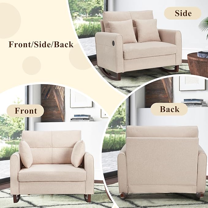 HOMREST Rocking Chair Upholstered Nursery Rocking Chair with High Back and Side Pocket USB Port Double Wide Rocker Glider Chairs with Wood Legs for Living Room Bedroom Nursery Beige