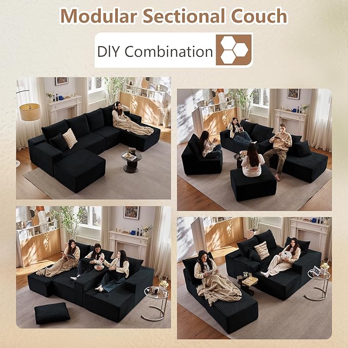 135.4 Modular Sectional Sofa with Ottoman Modern Corduroy Cloud Couch with Deep Seat Boneless Couch Upholstered 4-Seater U-Shaped Sofa for Living Room No Assembly (Black Right-Facing Chaise)
