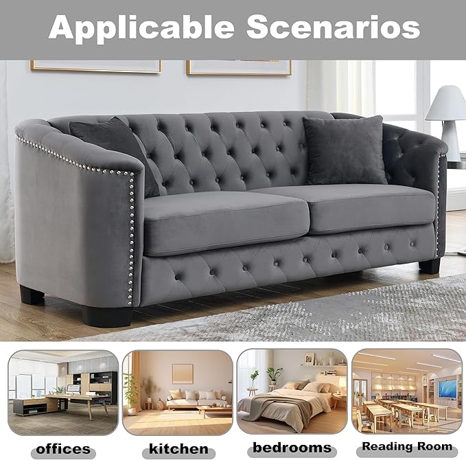2 Piece Modern Chesterfield Velvet 77 3-Seater+59 Loveseat Sofa Set Upholstered Tufted Backrests with Nailhead Arms and 4 Cushions for Living Room Bedroom ApartmentGrey