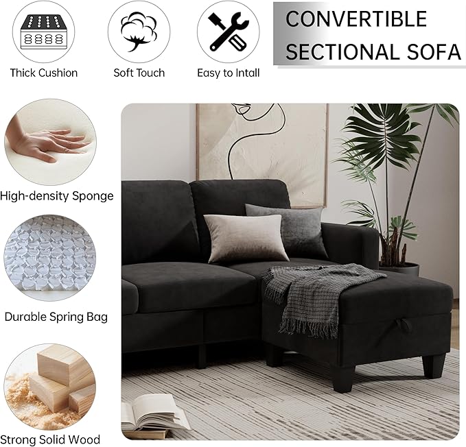 Sectional Sofa and Couches for Living Room 78 L Shaped Couch 3 Seat Modern Linen Couch with Storage Ottoman Convertible Couches for Small Space Living Room Bedroom Apartment and Office