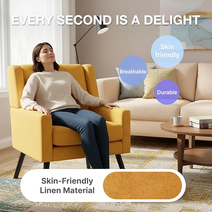 Mid-Century Modern Accent Chair Set of 2 Plush Linen Fabric with Button Tufted High Back &amp 5 Thick Cushion High Comfort Reading Chair for Living Room Bedroom Office (Yellow)