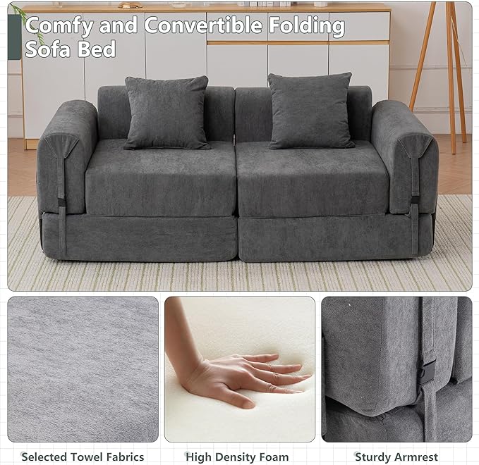 GNIXUU 71.3 Convertible Sleeper Sofa Bed Modern Convertible Boneless Couch with Foldable/Pull Out Bed Compressed Modular Futon Couch with Pillows &amp Storage Pocket for Living Room Bedroom Gray
