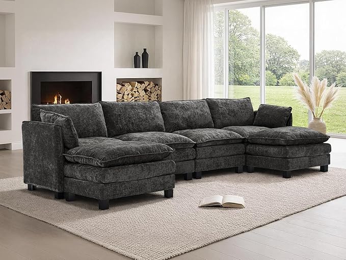 Cloud Modular Sectional Sofa U-Shaped Deep Seat Oversized Couch for Large Living Room Pet-Friendly Chenille Fabric Sofa Set with Ottoman for Family Movie Nights
