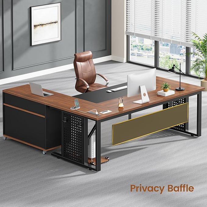 SEDETA 71 Executive Desk with Rolling File Cabinet Large Office Desk with Drawers L Shaped Computer Desk with Power Outlets CPU Stand Pegboard and Storage Shelves Brown