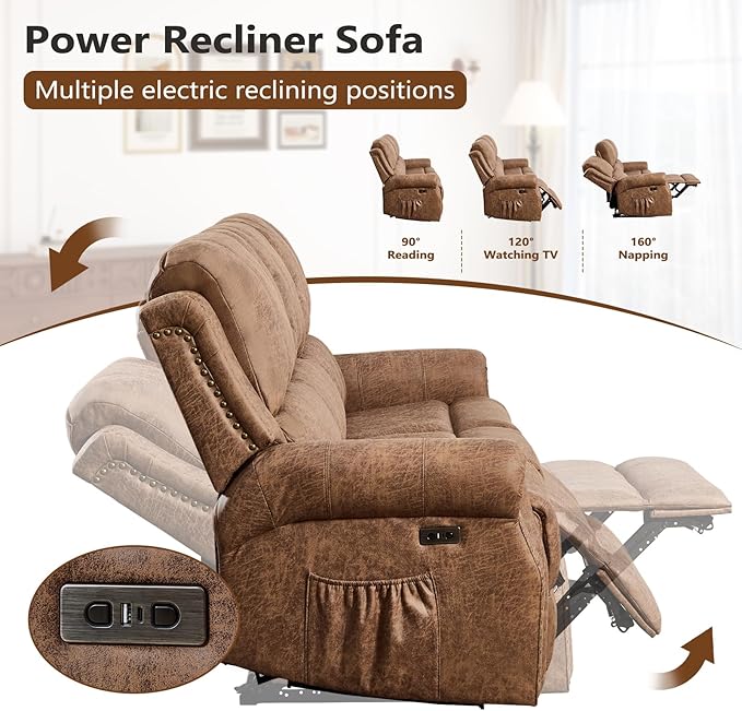 85 Wide Power Reclining Sofa with Side Pockets 3-Seater Electric Recliner Sofa Chair with Overstuffed Backrest Faux Leather Couch Furniture with Rivets for Living Room Brown