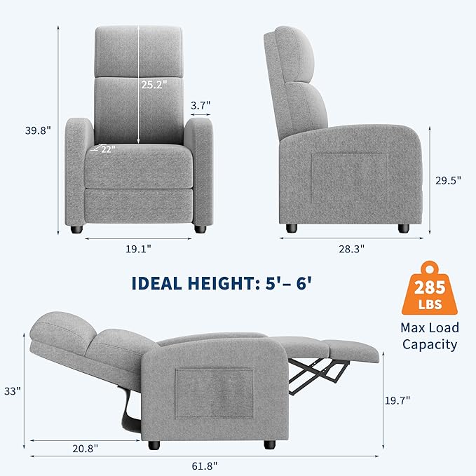 GarveeHome Linen Fabric Manual Recliner Chair with Side Pocket High Backrest Thick Cushion Adjustable Push Back ReclinerLazy Lounge Chair for Living Room Home Theater Bedroom Gray