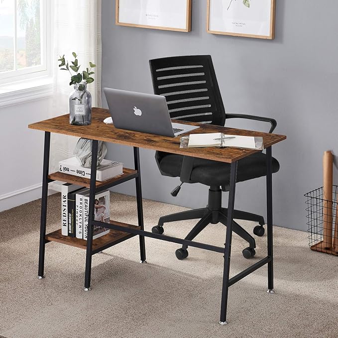 VECELO 43 Inch Computer Desk Home Office Classic Walnut Study Desk Work Office Table with Shelves Wooden Desk for Bedroom