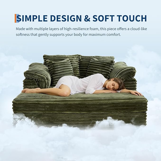 Oversized Chaise Lounge Chair Indoor Upholstered Sofa Bed with Throw Pillows and Armrests Comfy Corduroy Sleeper Couch with Cup Holders and Charging Port for Living Room Bedroom 60 Inch Wide Green