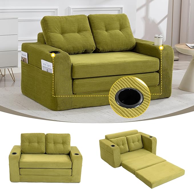 40 Folding Sofa Bed 2 in 1 Convertible Futon Sleeper Chair with Armrest &amp Backrest Comfy Chenille Cloud Floor Couch Single Sofa Chair Lounge for Living Room Bedroom (Z-Olive)