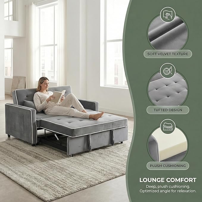 Convertible Velvet Sofa Bed with Pull-Out Bed &amp Side Storage Pockets Modern Sleeper Sofa for Living Room Apartment Small Spaces and Bedroom (Grey-1)