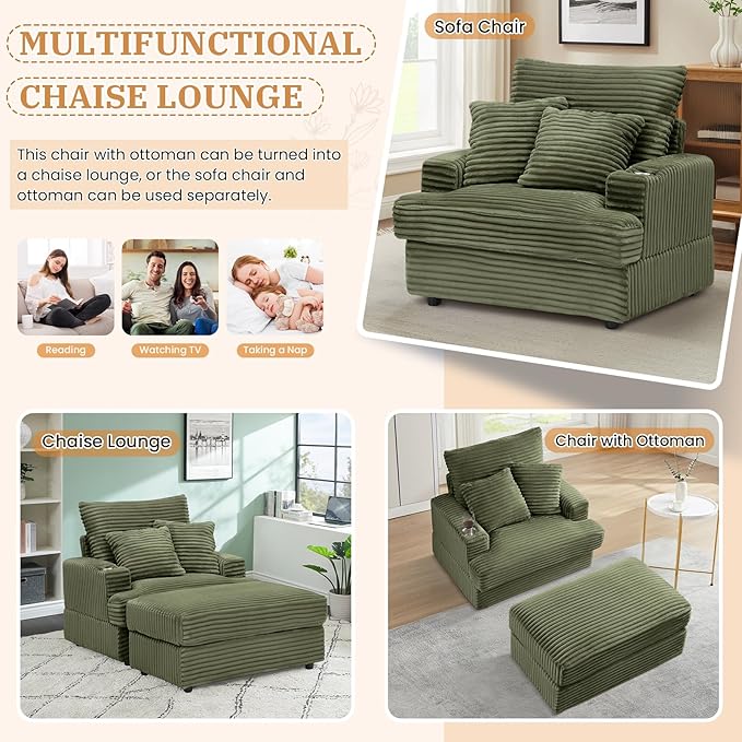 Chaise Lounge Chair Indoor 39 W Plush Corduroy Oversized Chair with Ottoman Upholstered Cozy Chaise with Cup Holder Modern Deep Seat Comfy Sofa Armchair for Living Room Bedroom(Green)