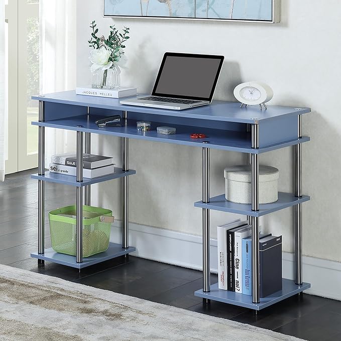 Convenience Concepts Designs2Go No Tools Desk Home Office Desk with Shelves Corner Shelf Vanity Desk Computer Desk Nail Table for Nail Tech - 47.25 L x 15.75 W x 30 H Blue