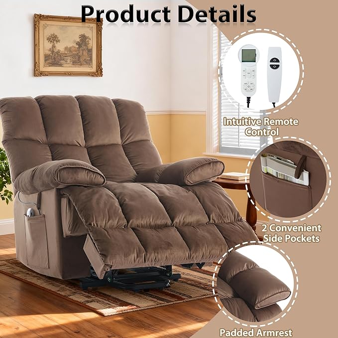 Power Lift Recliner for Elderly with Heat and Massage Electric Velvet Lift Recliner Chair with Side Pockets and USB Charge Port for Bedroom Living Room and Nursing Home Brown