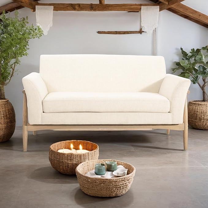 Christopher Knight Home Canna Fabric Flared Arms Loveseat Comfy Upholstery 2 Seater Sofa Wooden Frame Living Room Chair Soft Seating Lounge Sofa for Bedroom/Office Beige + Natural
