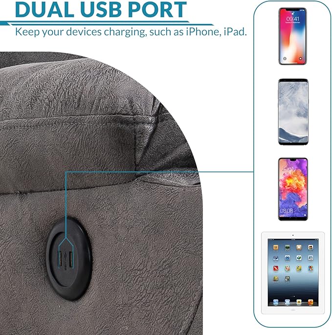 Manual Swivel Glider Rocker Recliner Chair with Massage and Heat 2 USB Ports 2 Cup Holders 2 Side Pockets and 2 Front Pockets Bronze Suede Fabric (Grey)