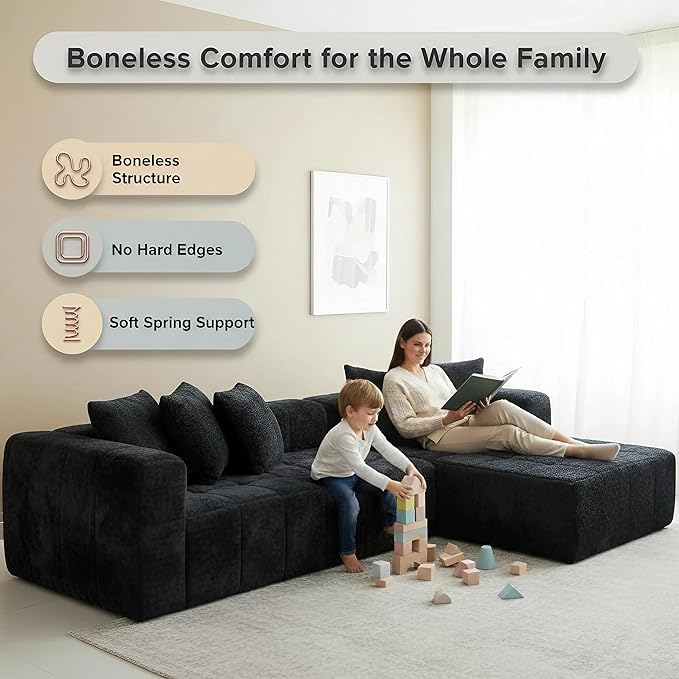 Boneless Sectional Couch L Shaped-108 Inch Black Sherpa Cloud Sectional Sofa for Living Room Modern Couch with Chaise-Deep Seat Floor Couch in a Box-No Assembly | No Assembly Needed 28.7 Deep Seat