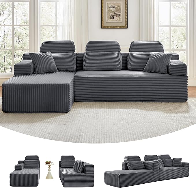 104 L-Shaped Cloud Modular Sectional Sofa with Chaise &amp Headrest Boneless Deep Seat Plush Corduroy Couches for Large Living Room No Assembly Required (Dark Gray 104 L-shapred Chaise)