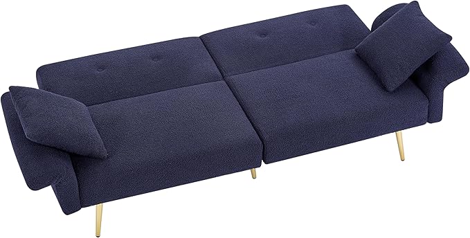 Dark Blue Futon Sofa Bed Loveseat with Adjustable Backrest and Armrests Teddy Couch with Pillows and Side Pocket for Small Spaces Living Room Apartment Or Office (Dark Blue)