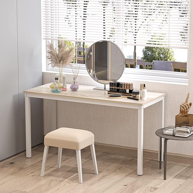 Teraves Computer Desk/Dining Table Office Desk Sturdy Writing Workstation for Home Office(55.11“ Beige + White Frame)