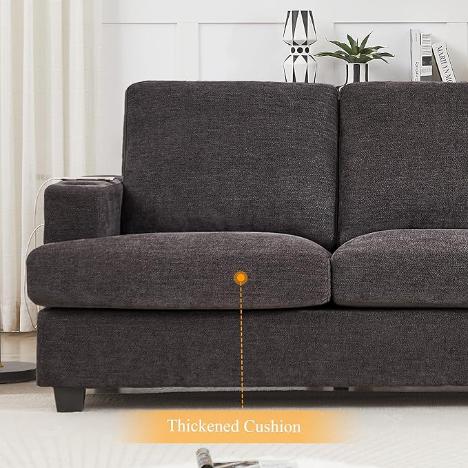 HOSTACK 89 Sofa Comfy Sofa Couch with Extra Deep Seats Modern 3 Seater Sofa with USB Charging Ports &amp 2 Cup Holders Chenille Upholstered Sofa for Apartment Living Room Office Dark Grey