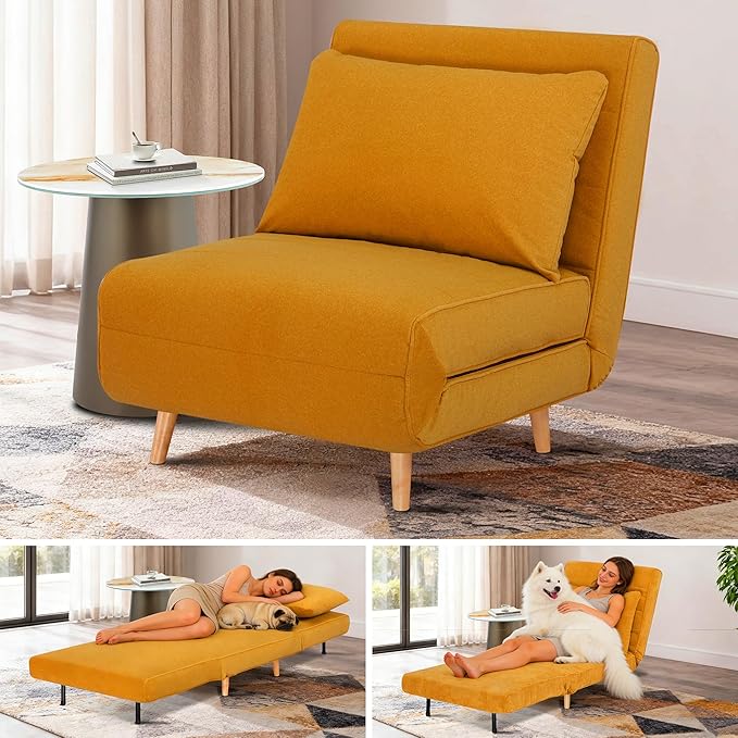 3 in 1 Sleeper Chair Bed Foldable Convertible Chair with Thickened Cushion and Sponge OTE Chenille Fabric Adjustable Backrest Upholstered Accent Sofa for Apartment/Bedroom/Office - Orange Brown