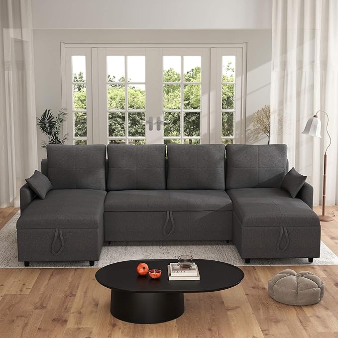 U Shaped Sleeper Sofa：Pull Out Couch with Storage for Living Room Most Comfortable Sleeper Sectional Sofa Gray Let Out Couch with Chaise Lounge Sofas Bed (106.3 U Shape Sofa Bed)
