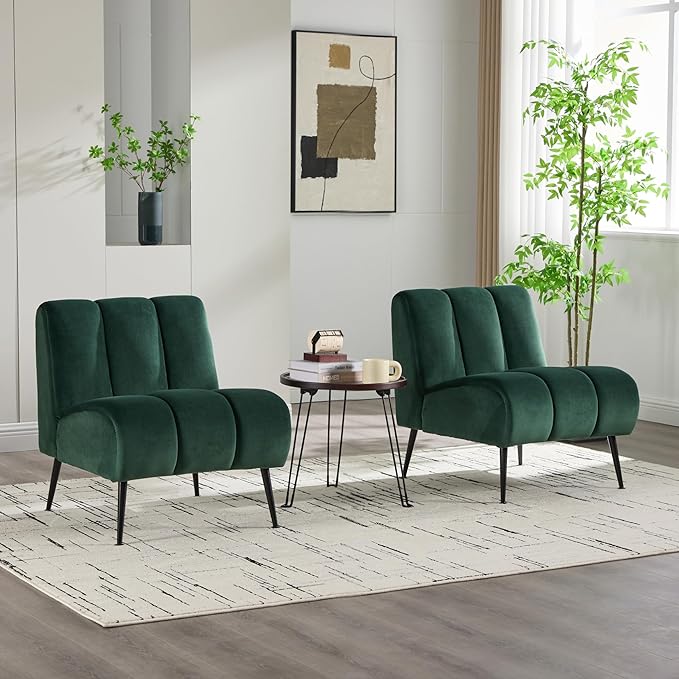 Mlmh &amp Kngwa 24.4 W Modern Accent Chair Set of 2 Armless Accent Chairs Comfy Upholstered Reading Chairs Velvet Vanity Chair for Living Room Bedroom Green