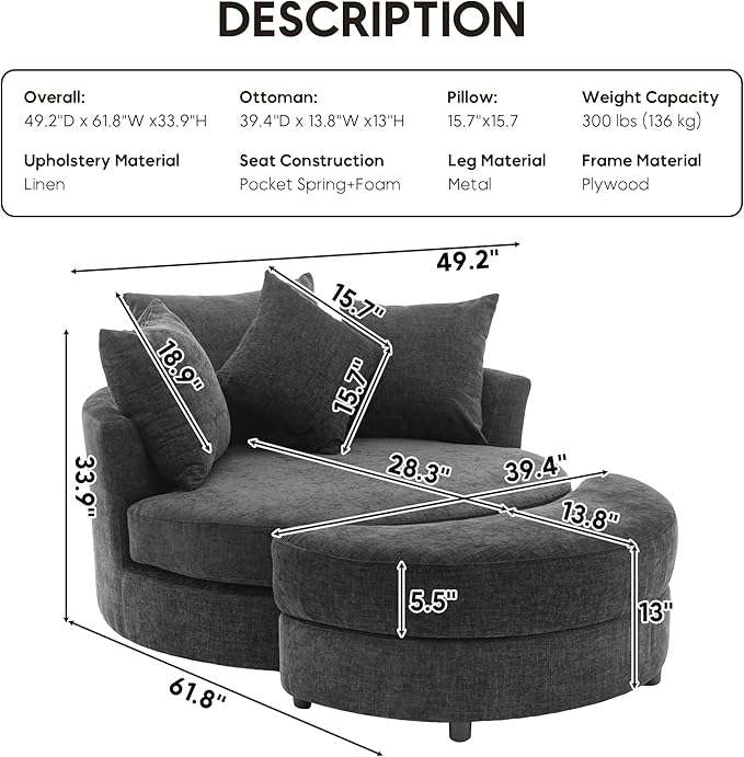 Yoglad Oversized Round Swivel Accent Chair - Modern 360 Degree Barrel Chairs with Storage Ottoman for Living Room Bedroom(Chenille- Gray)
