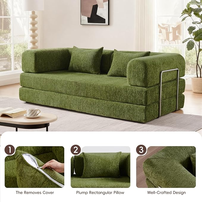 5-in-1 Convertible Folding Sofa Bed 79 Queen Chenille Boneless Couch with Removable Armrests No Assembly Loveseat Sleeper Sofa Modular Futon Couch for Living Room &amp Bedroom Green