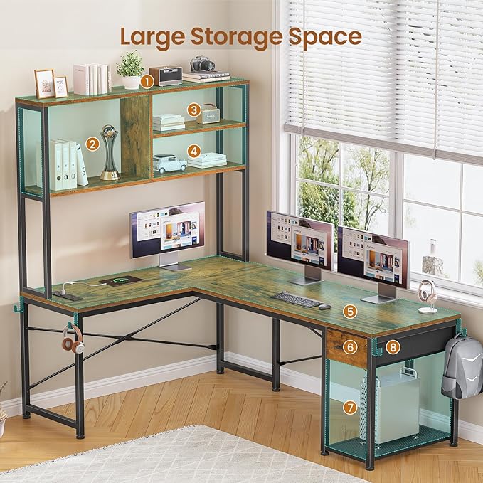 SEDETA L Shaped Gaming Desk 51.2 Reversible Small Corner Desk with Drawer Power Outlet &amp LED Lights Computer Desk with Storage Shelves for Small Space Rustic Brown