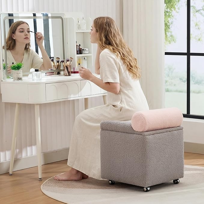 Boucle Vanity Chair with Storage Swivel Makeup Vanity Chair with Wheels &amp Safety Hinge Upholstered Vanity Stool Ottoman for Bedroom Dressing Room Grey