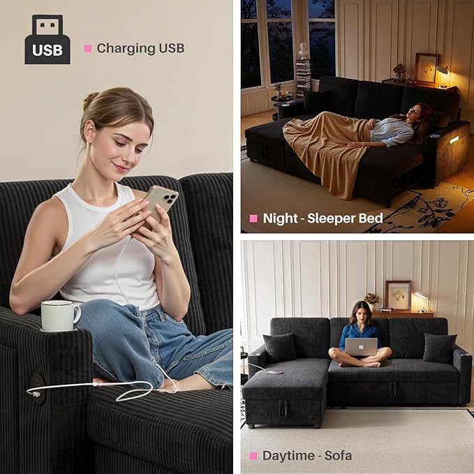 83 Sleeper Sectional Sofa Comfy Convertible Sofa Bed with Pull Out Couches Small Desktop Corduroy L Shaped Couch with Reversible Storage Chaise &amp USB for Living Room Apartment Black