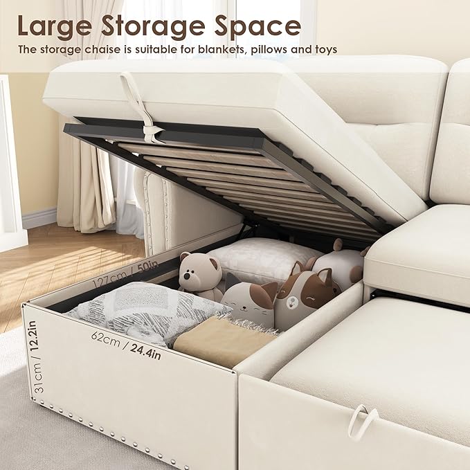 Sleeper Sofa Bed 87'' Pull Out Couch Bed with Reversible Storage Chaise &amp Nailhead Armrest Sectional Couches for Living Room Side Pocket &amp Charging Station Removable Backrest Velvet Fabri