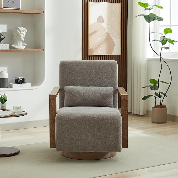 Swivel Modern Upholstered Accent Chair with Solid Wood Armrests and 360 Degree Comfy Lounge Reading Chair Side Armchair for Hotel Bedroom Living Room Office and Nursery Room (Gray)