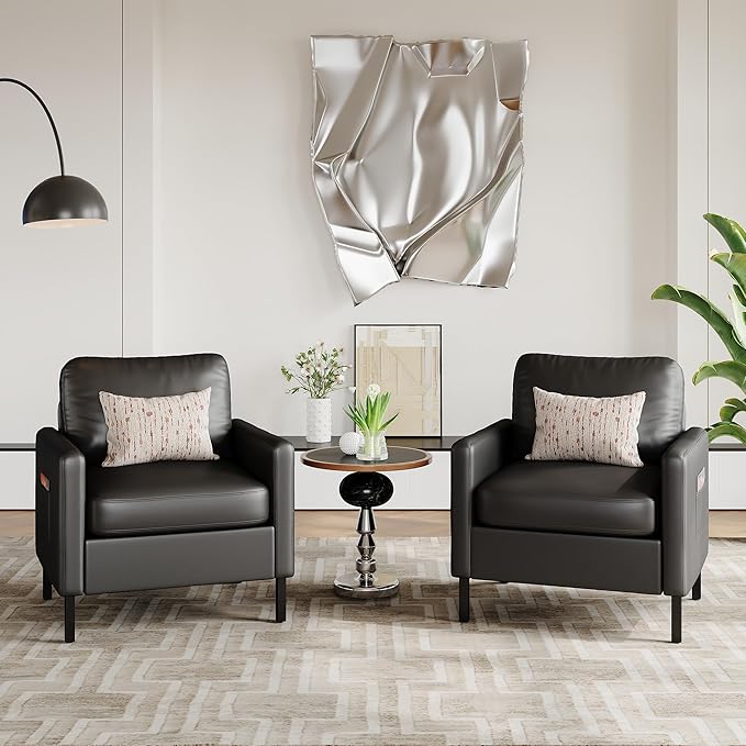 STHOUYN Black Faux Leather Accent Chair with Arms Modern Small Accent Office Chair Waiting Room Chairs for Living Room Bedroom with Metal Legs (1 Black)