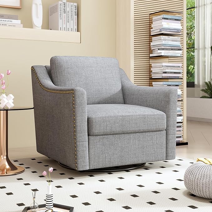 Cotton Linen Fabric Upholstered 360° Swivel Accent Chair Armchair with RivetsSquare Club Sofa Arm Chair with Metal Base Barrel Chairs for Bedroom Living Room Office (Light Grey)