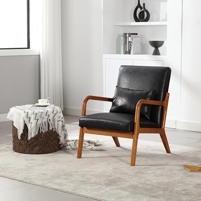 Modern Accent Chair Solid Wood Padding Lounge Armchairs with One Pillow for Living Room Bedroom Guest Room (Black PU)