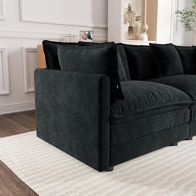KEIKI 112 U-Shaped Oversized Chenille Modular Cloud Sectional Sofa with 2 Ottoman High-Density Foam Cushion Modern 3-Seater Fluffy Corner Couch with 5 Pillow for Apartment Living Room Black