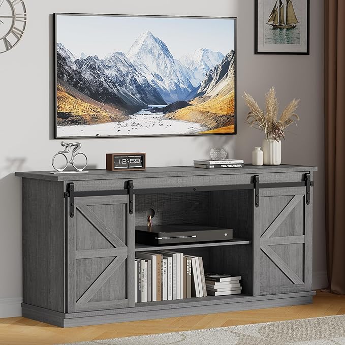JUMMICO TV Stand with 4 Drawers for 65 Inch TV Farmhouse Entertainment Center with Storage and Sliding Barn Doors Rustic Media TV Console Cabinet with Shelves for Living Room Bedroom (Pale Gray)