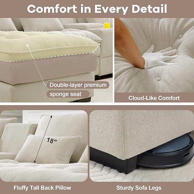130 U Shaped Cloud Couch Modular Sectional Sofa with Chaise Lounge Comfy Fluffy Cloud Sectional Couches for Living Room Modern Modular Sofa with Central Console (Beige)