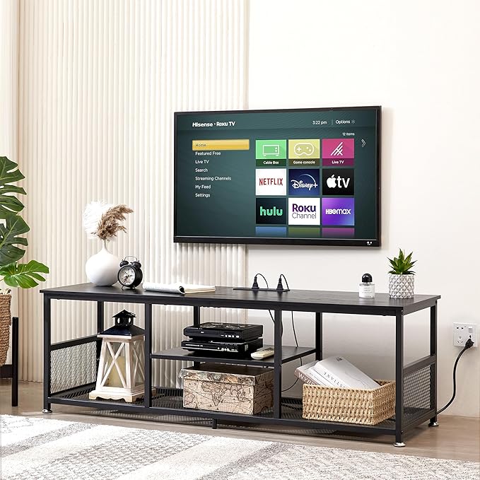 VECELO TV Stand with Power Outlets for Televisions up to 65Inch 55 Media Entertainment Center with Charging Station 3-Tier Open Storage Shelves with Metal Frame for Living Room/BedroomBlack